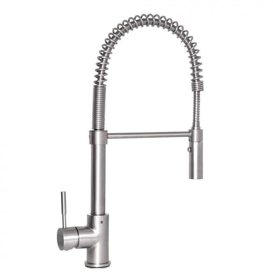Brushed nickel kitchen faucet with wide-arc spout and pull-down sprayer