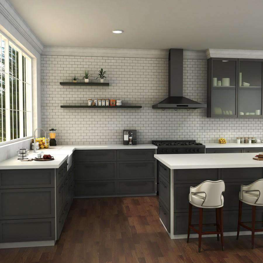 Installed kitchen faucet with pull-down sprayer in a modern gray kitchen
