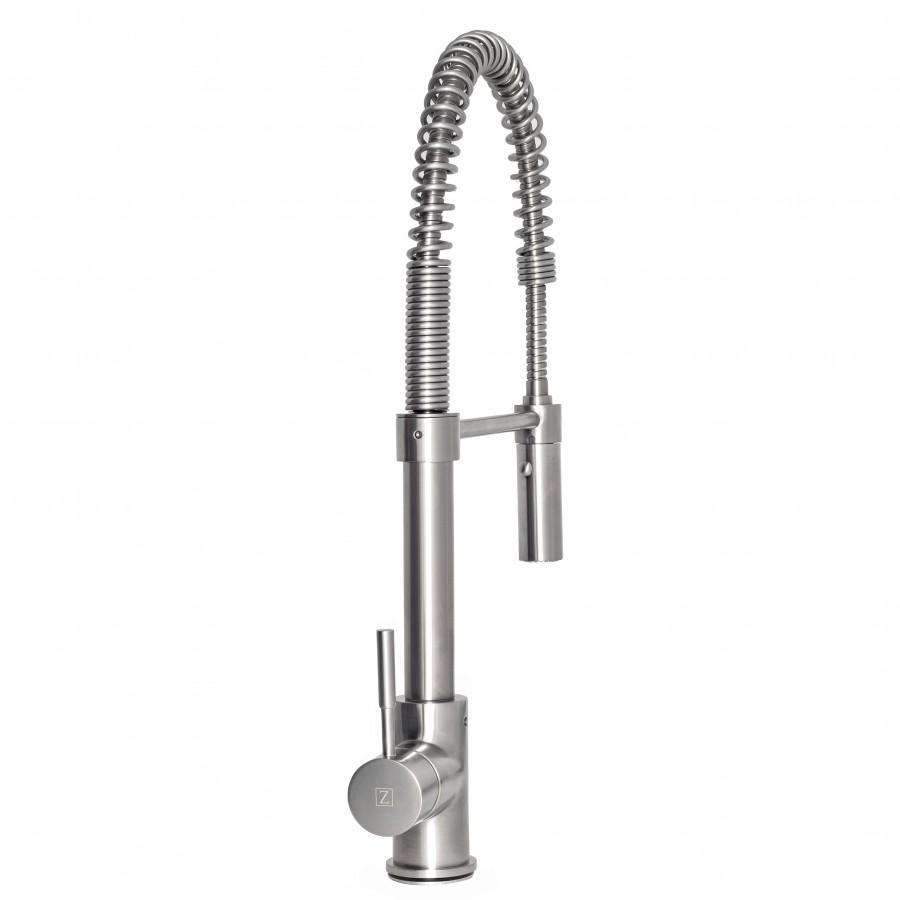 Brushed nickel kitchen faucet with flexible spring hose and matching tall spout