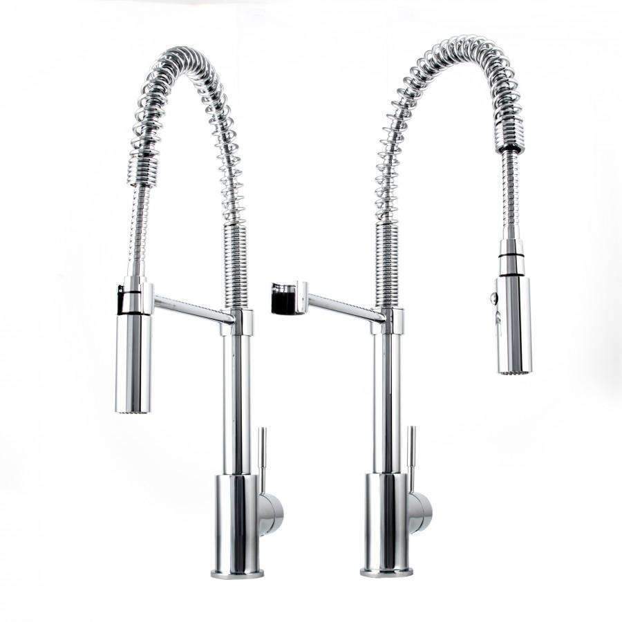 Chrome dual pull-down kitchen faucet with two arched spring hoses