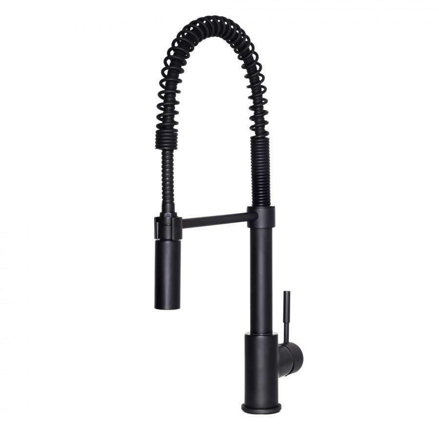 Matte black pull-down kitchen faucet with two lever handles and arched hose