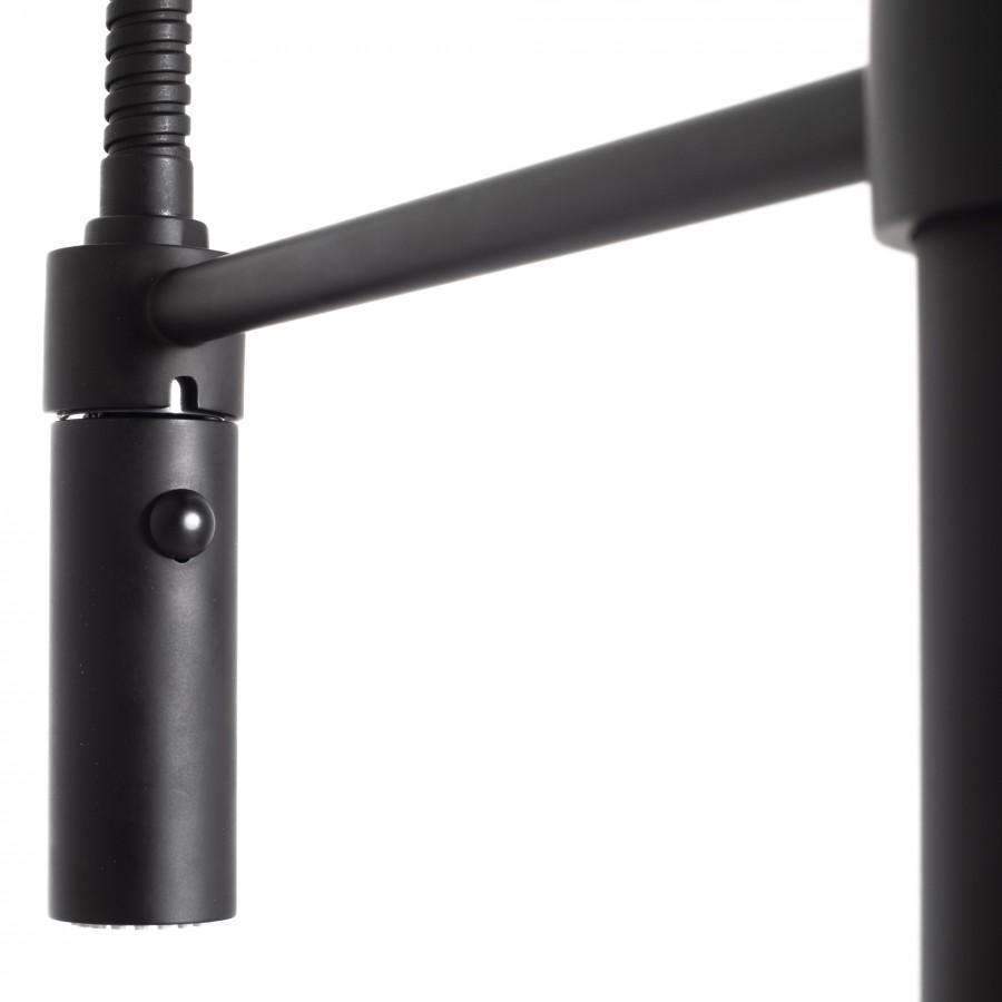 Matte black faucet neck with round control dial and mounted spout