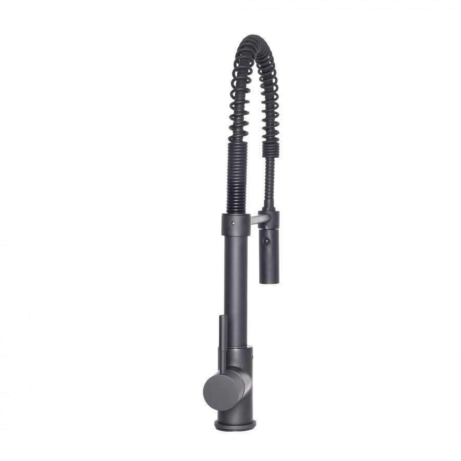 Matte black kitchen faucet body with pull-down hose and side handle