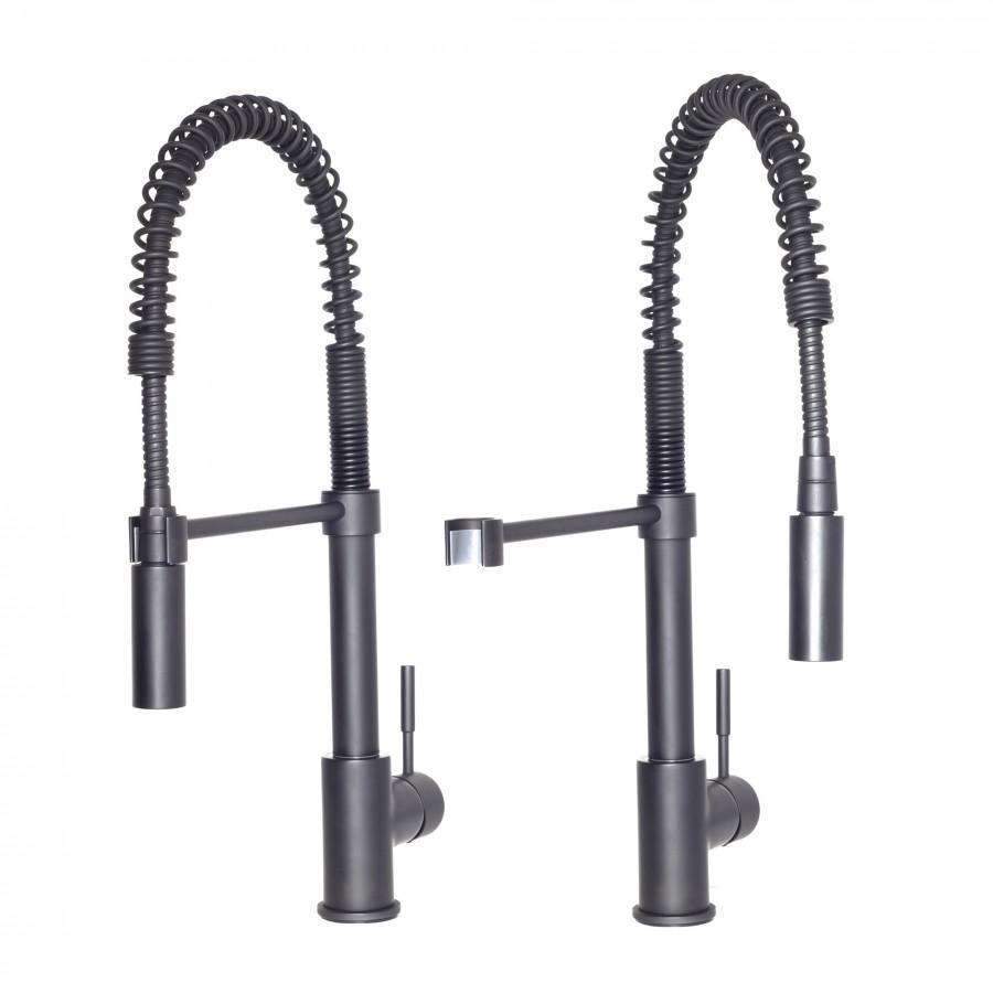 Matte black kitchen faucet with arched spring hoses, dual controls, and spout