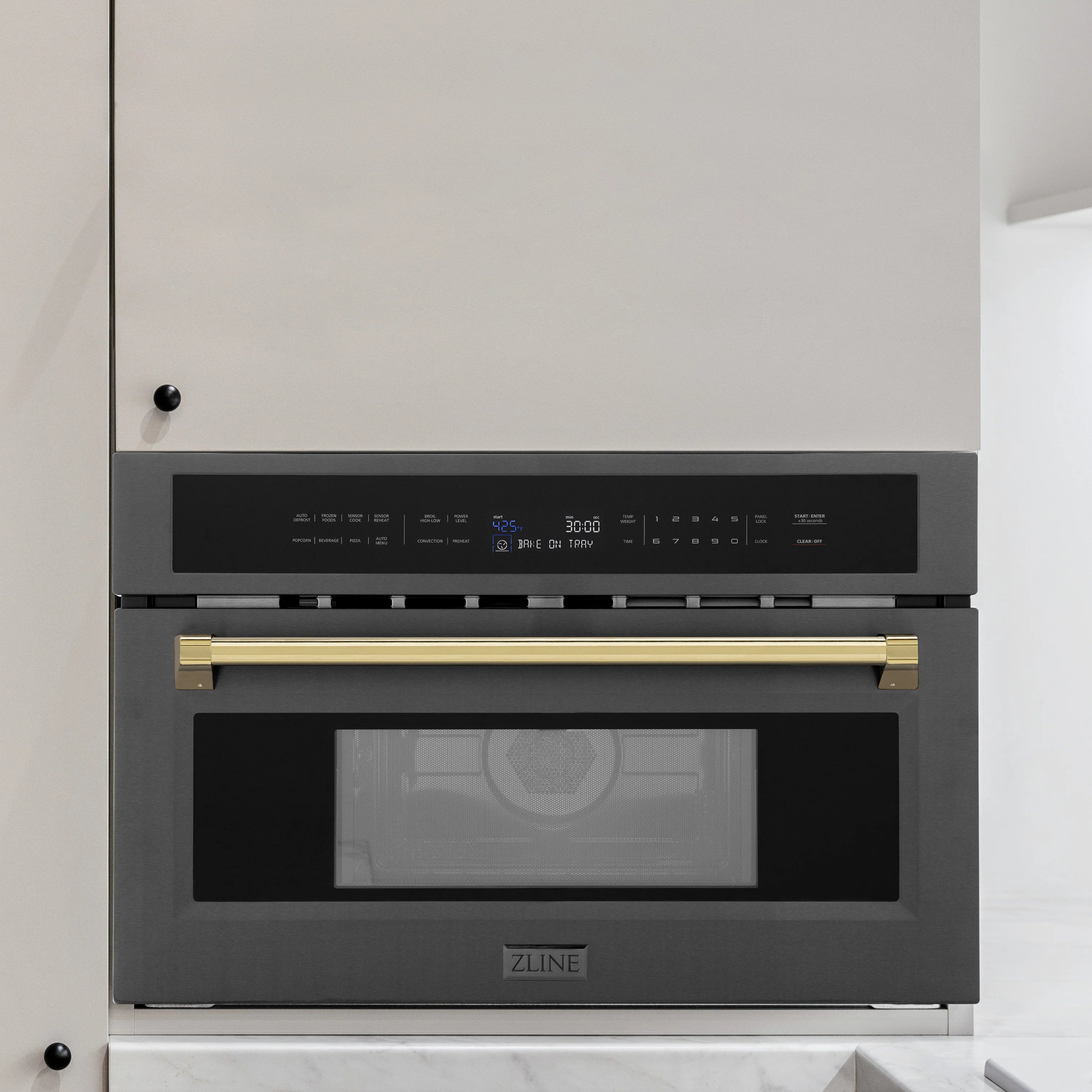 Built-in convection microwave oven, black stainless steel with gold trim, front built-in