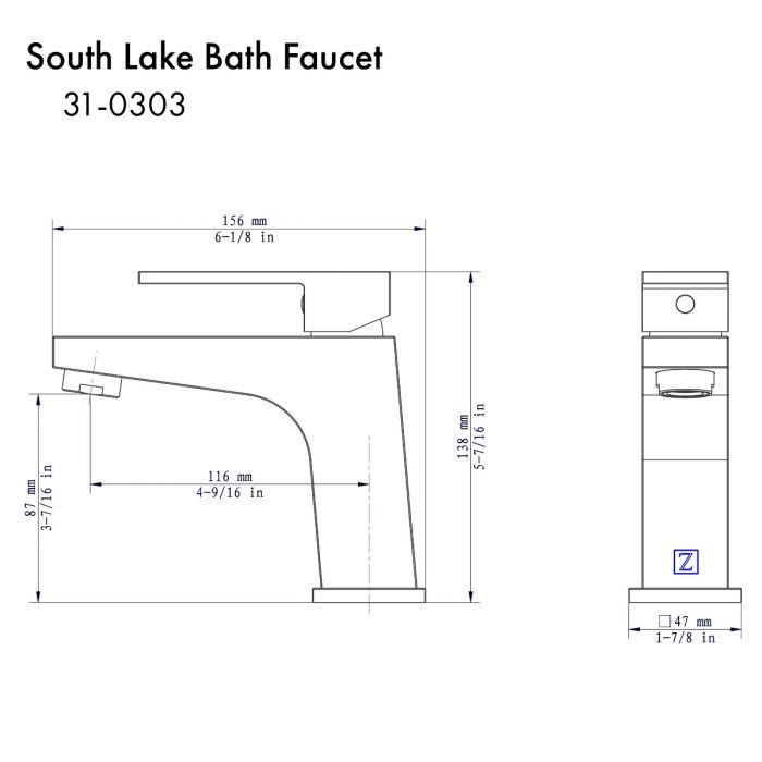 Dimensioned diagram of ZLINE South Lake chrome bath faucet