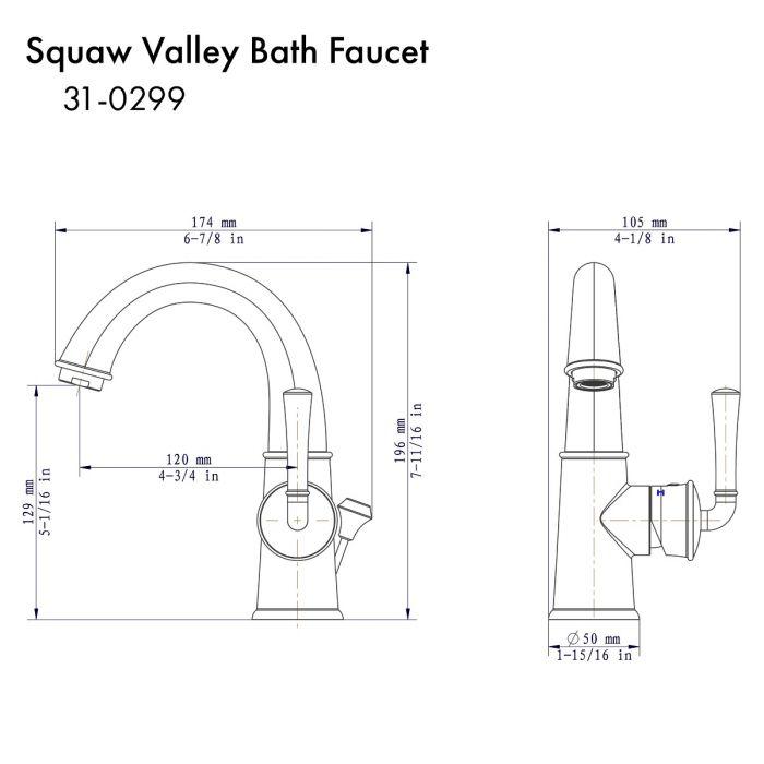 Chrome bath faucet technical diagram showing arched spout, lever handle, and dimensions