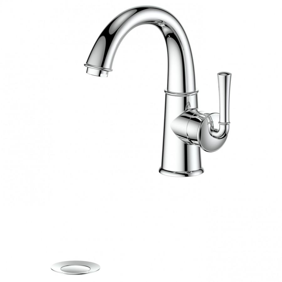 Chrome single-hole bath faucet with arched spout and lever handle, close-up