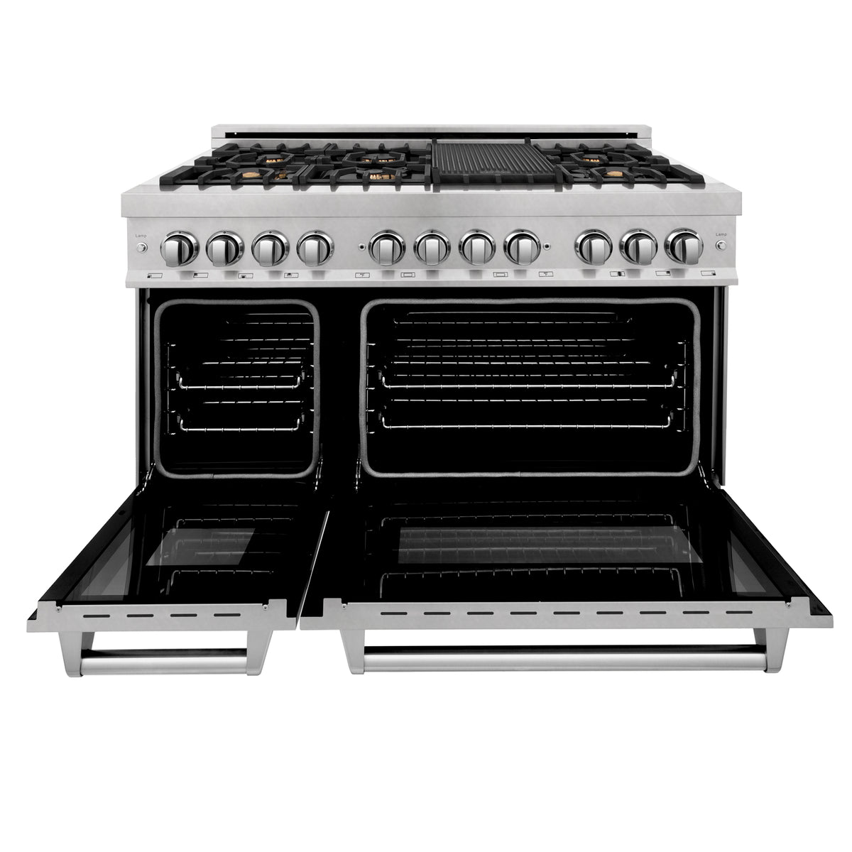 Open electric oven with two rack positions inside a satin stainless dual fuel range