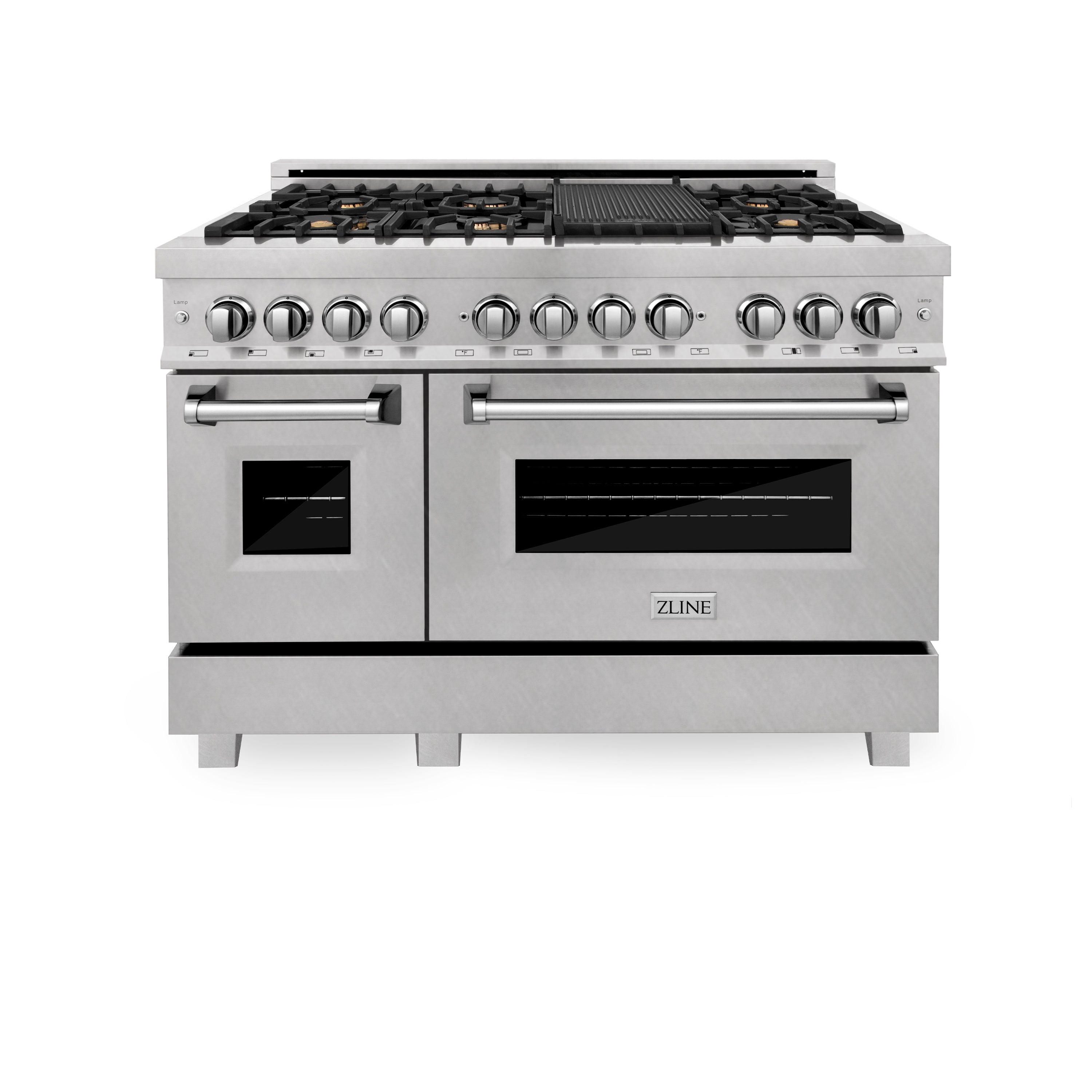 Front view dual fuel range with two oven doors, knobs, and black griddle on top