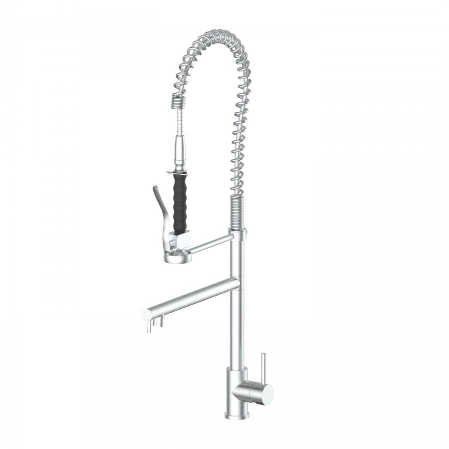 Brushed nickel kitchen faucet with coiled hose, pull-down sprayer, and side handle