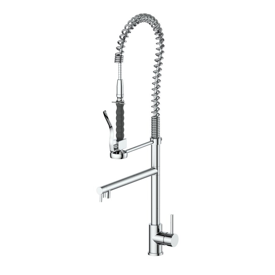 Chrome kitchen faucet close-up with coiled spring sprayer hose and single handle