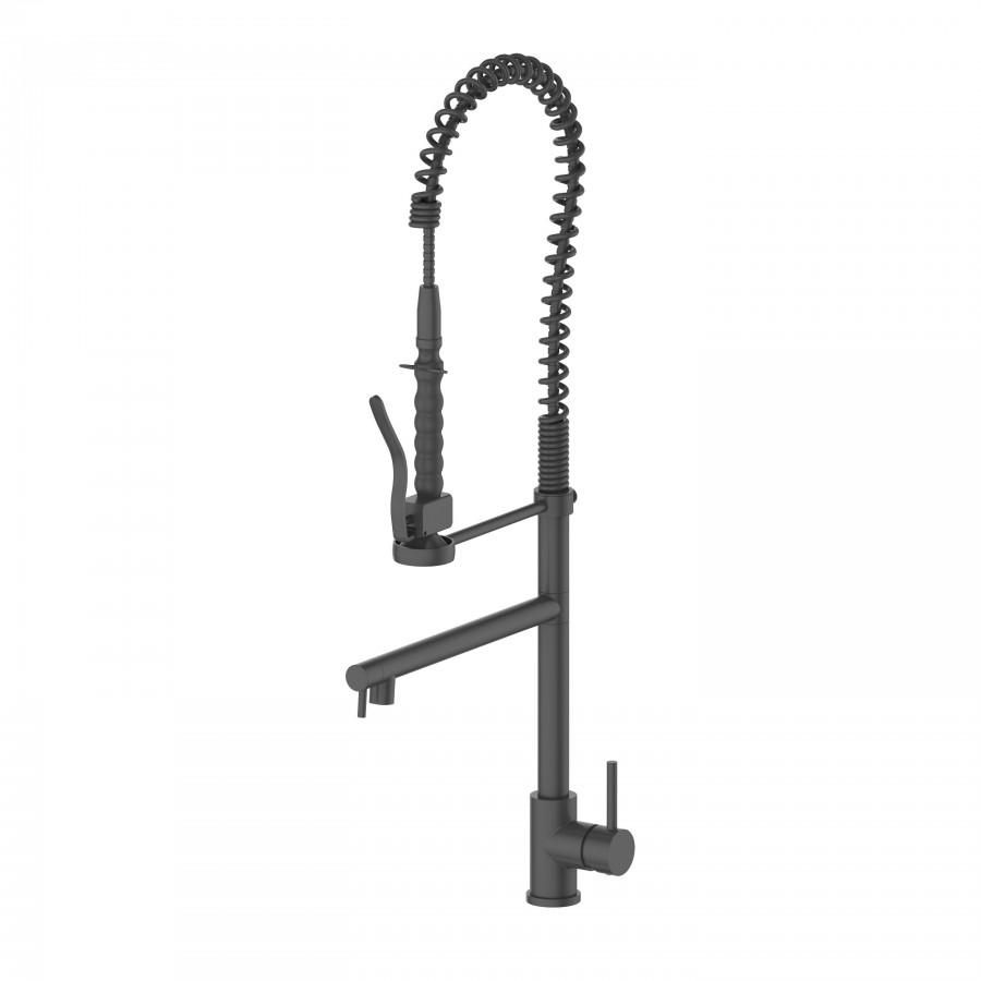 Matte black kitchen faucet in side view with arched spring pull-down sprayer.