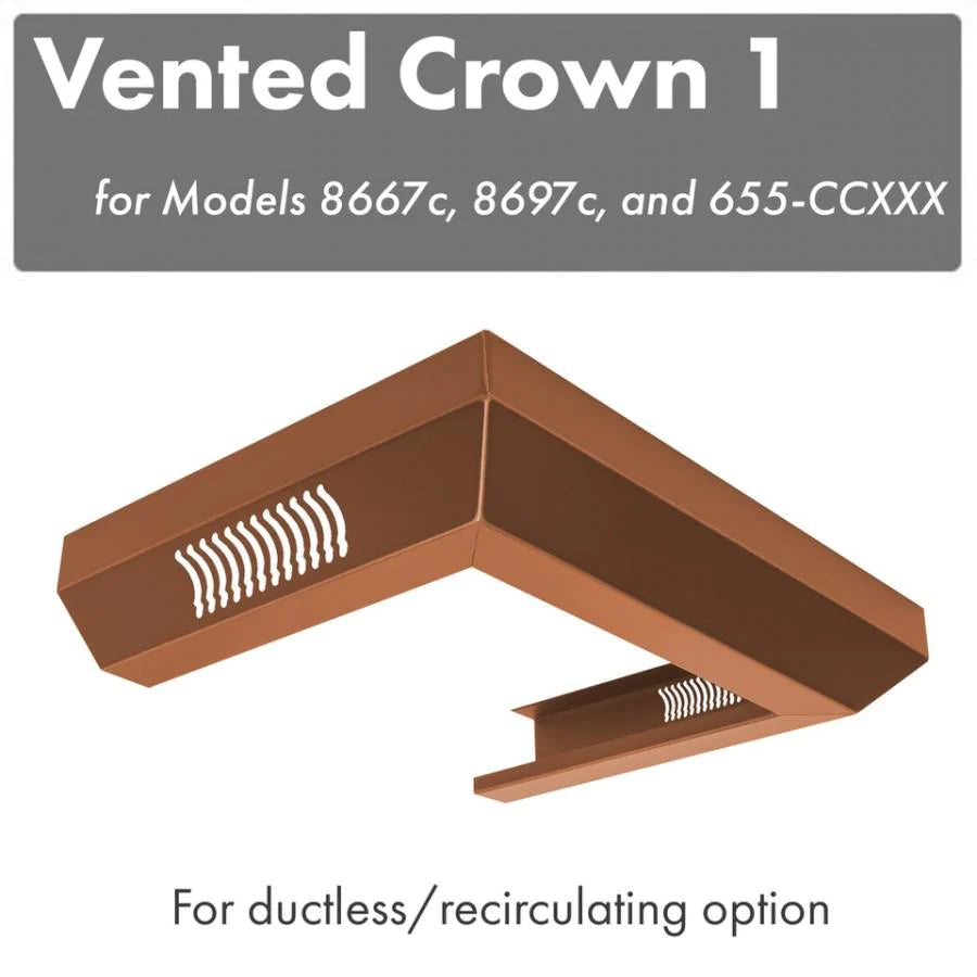 Vented crown molding corner piece, brown finish, with vented grille for range hood