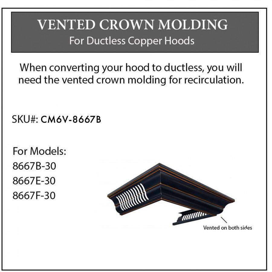 Vented crown molding for ductless copper hoods instruction panel, SKU CM6V-8667B