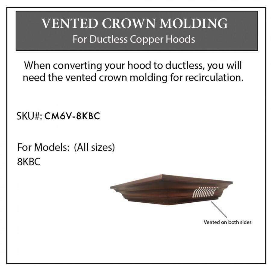 Copper vented crown molding for range hood recirculation, vented on both sides