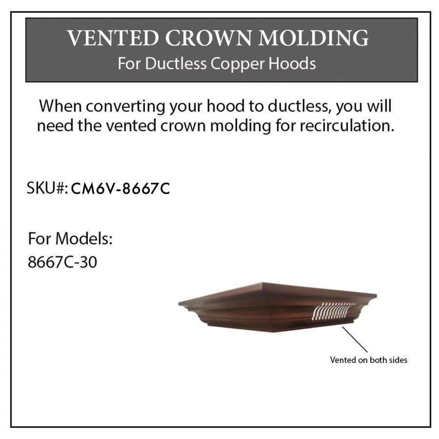 Vented crown molding for ductless copper hoods, SKU CM6V-8667C, shown on hood profile.