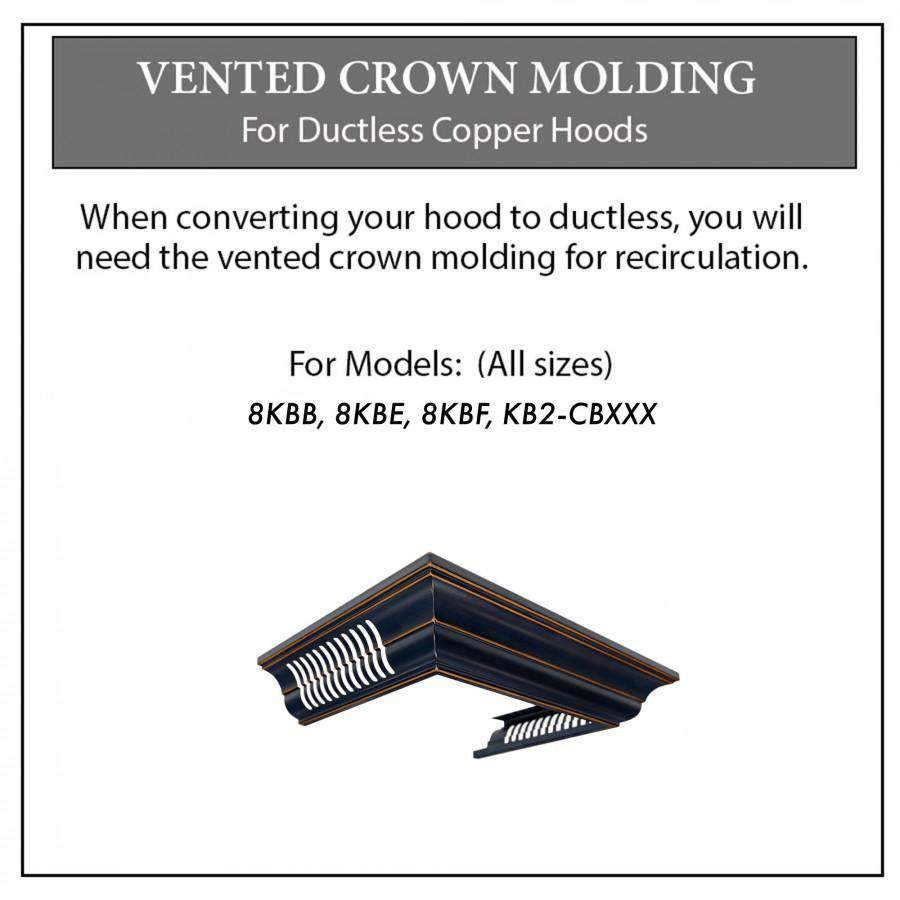 Vented crown molding profile for ductless range hood, corner vent section with fins