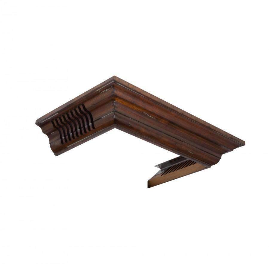 Wooden vented crown molding corner, dark brown with slatted vent openings for range hood