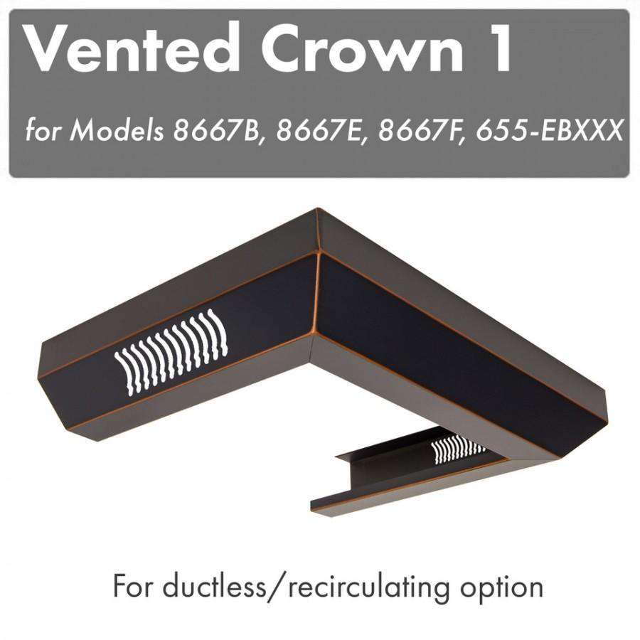 Vented crown molding profile for range hood, dark with vent openings