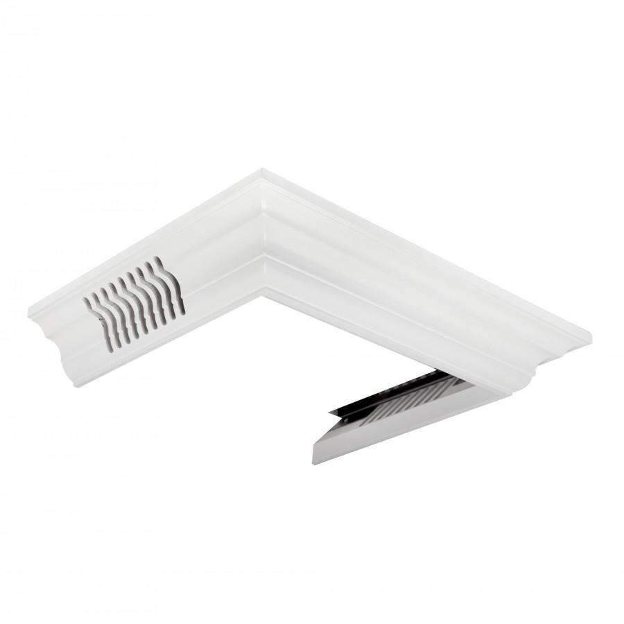 White vented crown molding corner piece with raised louver vent detail