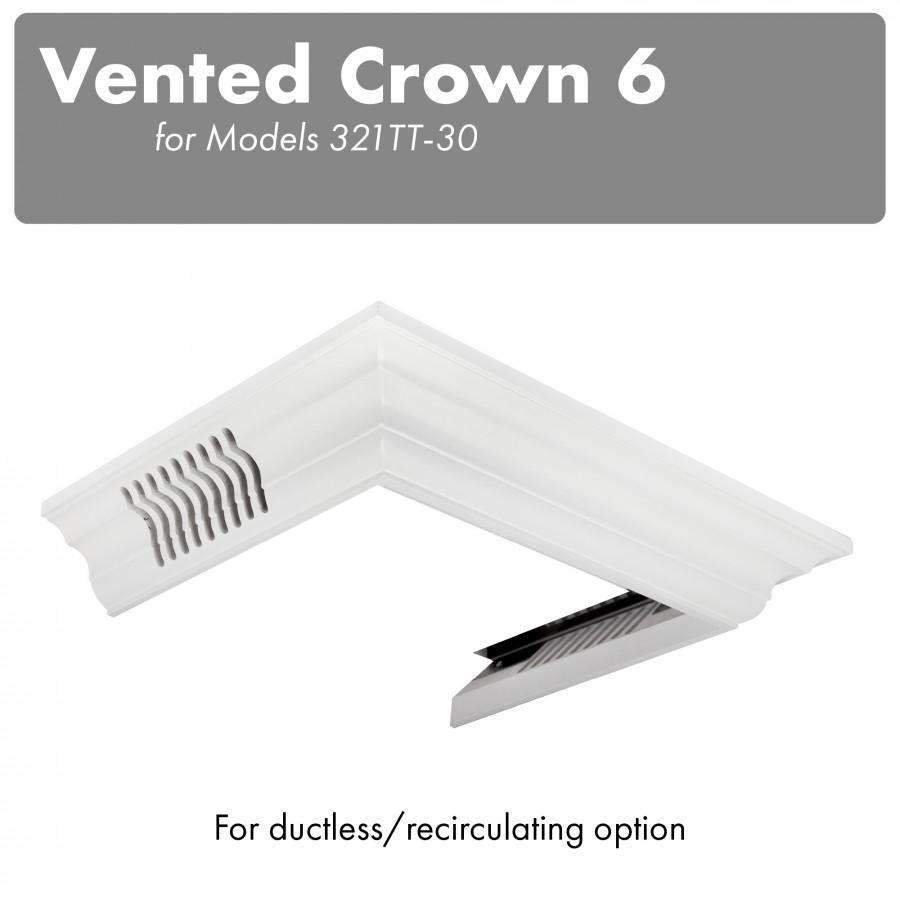 White vented crown molding corner profile with louver vent and duct opening
