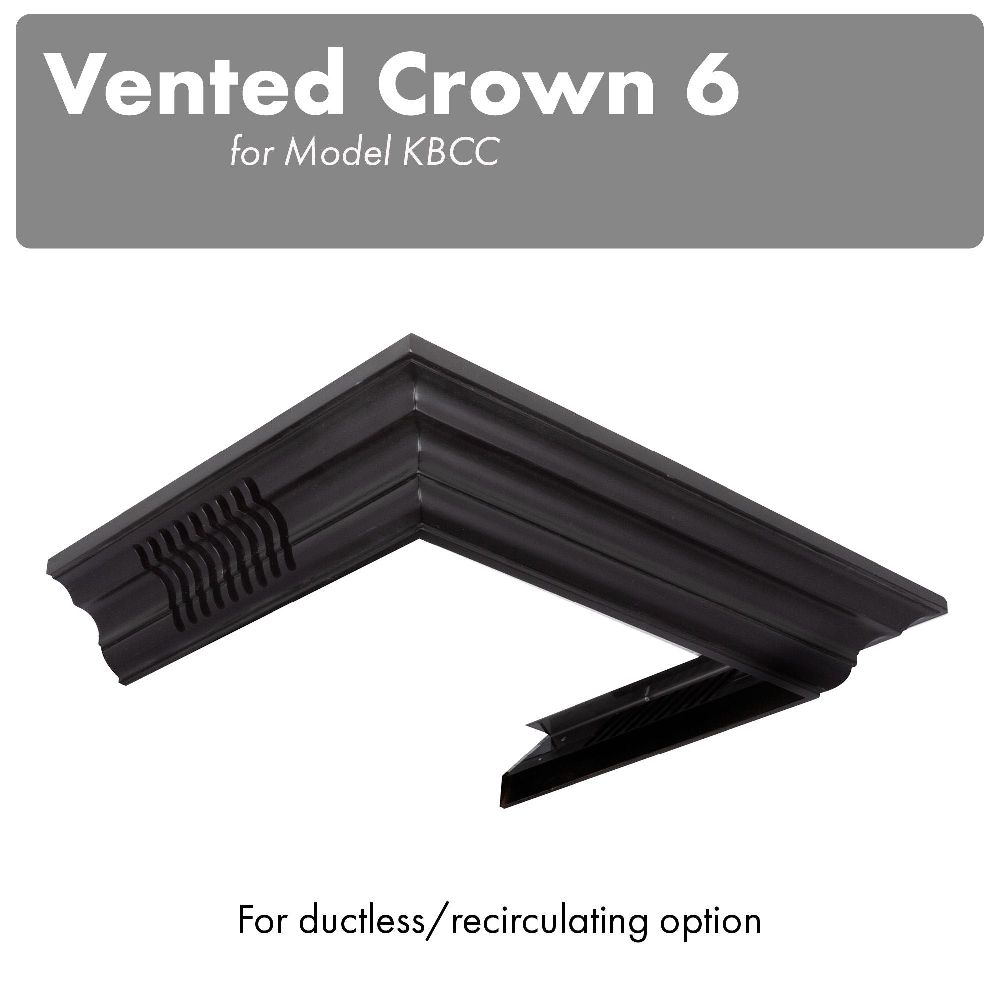 Vented crown molding profile for wall-mount range hood, black corner cover with vent slots