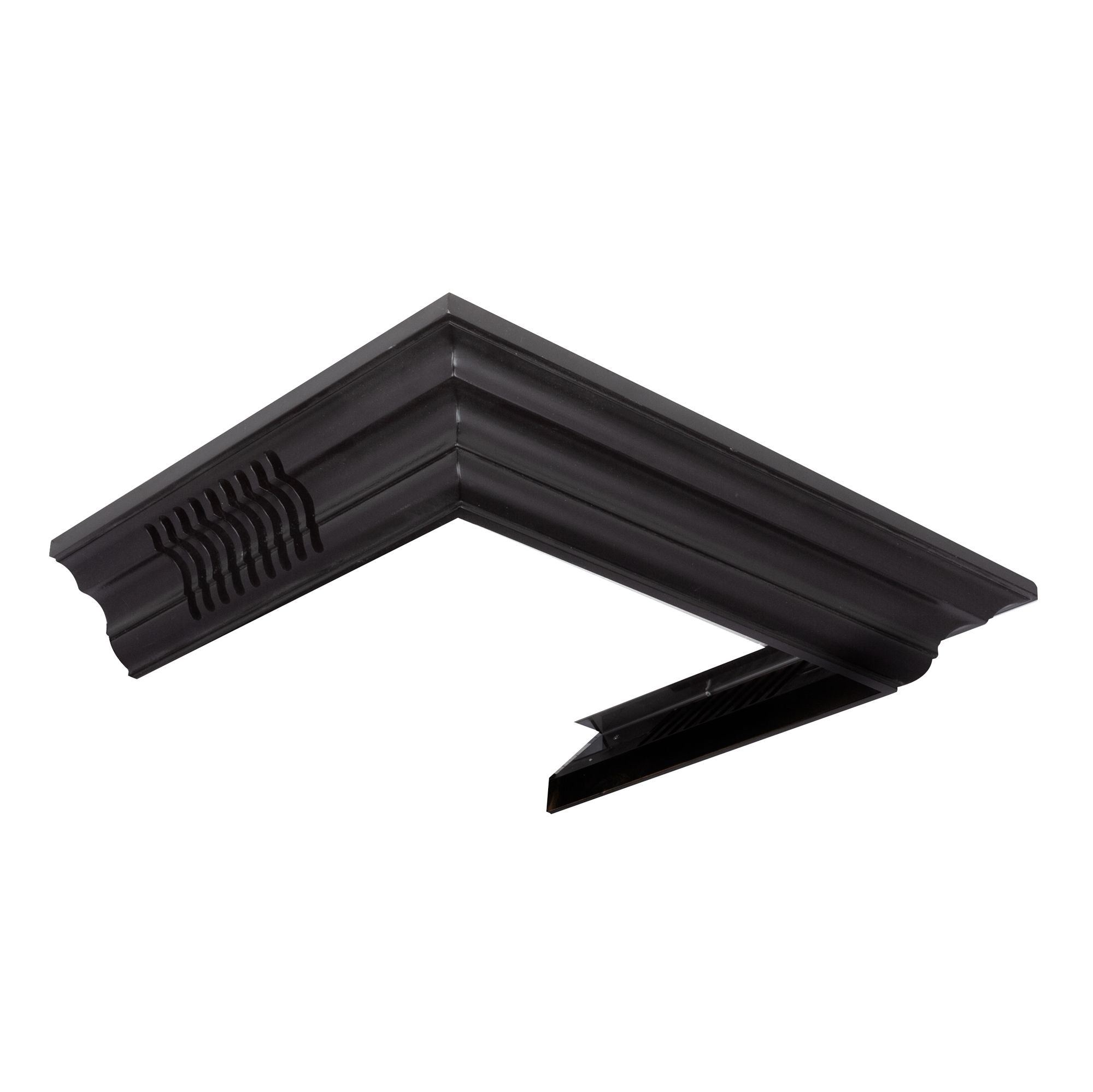 Vented crown molding profile for wall-mount range hood, black L-corner with duct opening