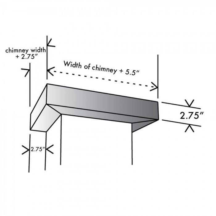Wall hood trim profile dimensions diagram, showing chimney width and add-on clearances