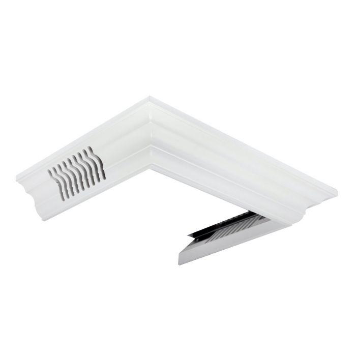 Vented white corner crown molding hood trim with integrated vent grille