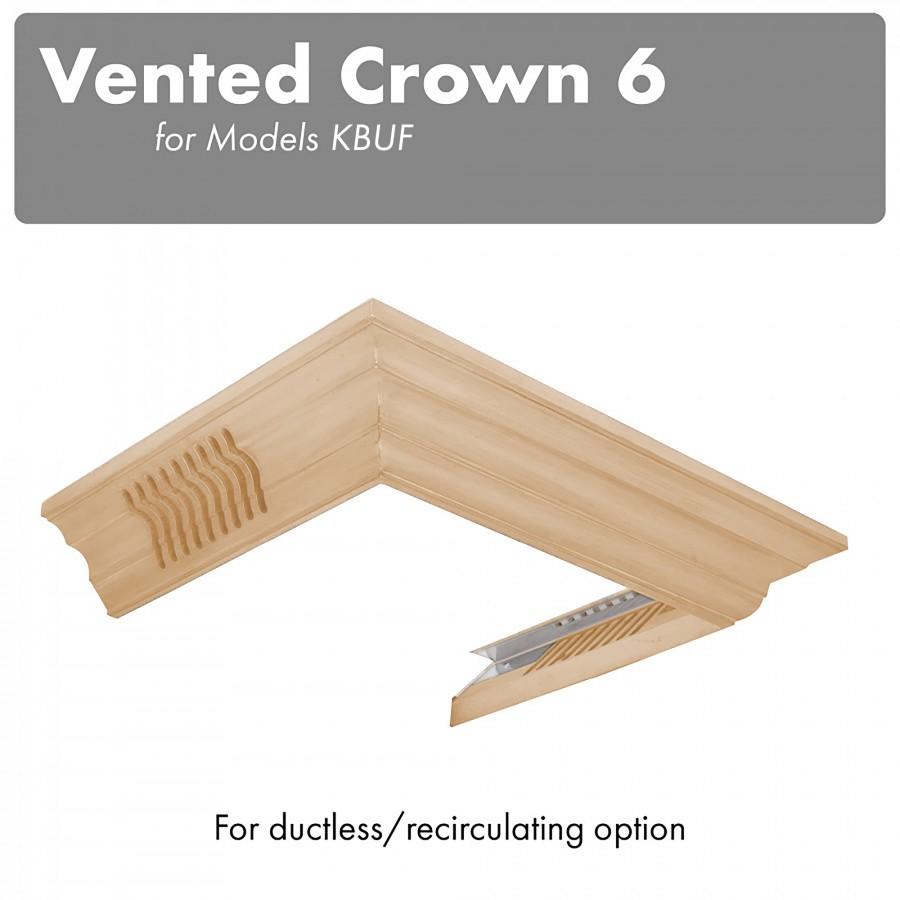Vented crown molding profile corner piece with vent slats for wall-mounted range hood