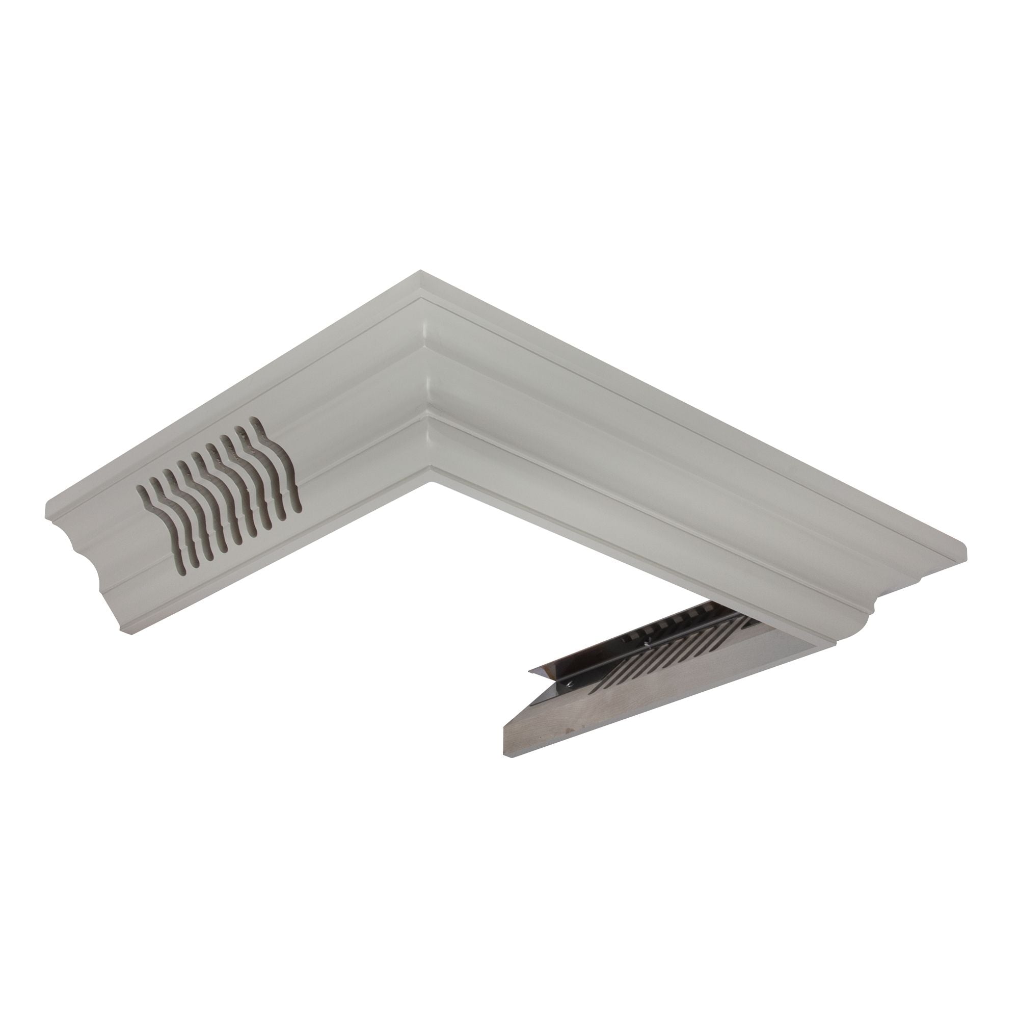 Gray 90-degree vented crown molding profile corner with vent slots and duct outlet