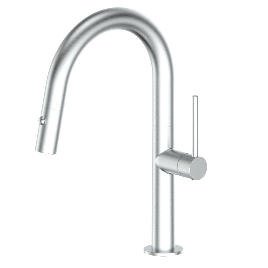 Brushed nickel tall gooseneck kitchen faucet with single lever handle