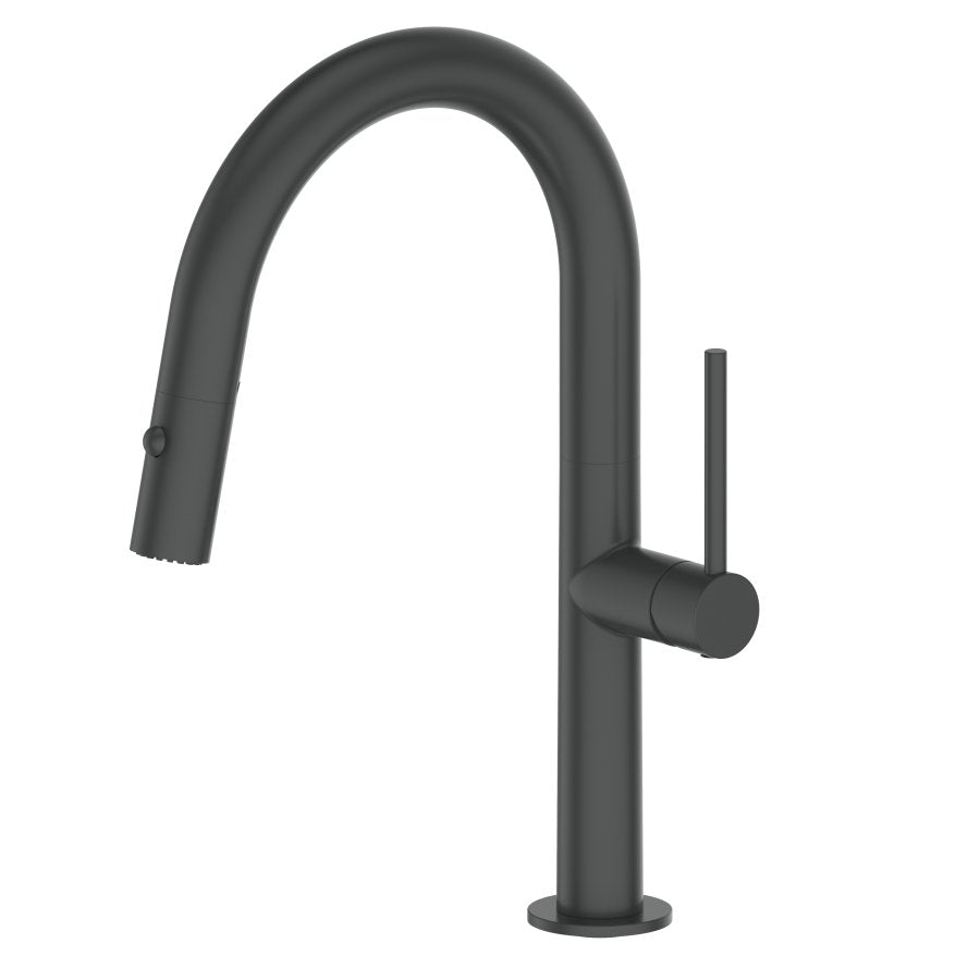Matte black kitchen faucet with curved spout and single lever handle