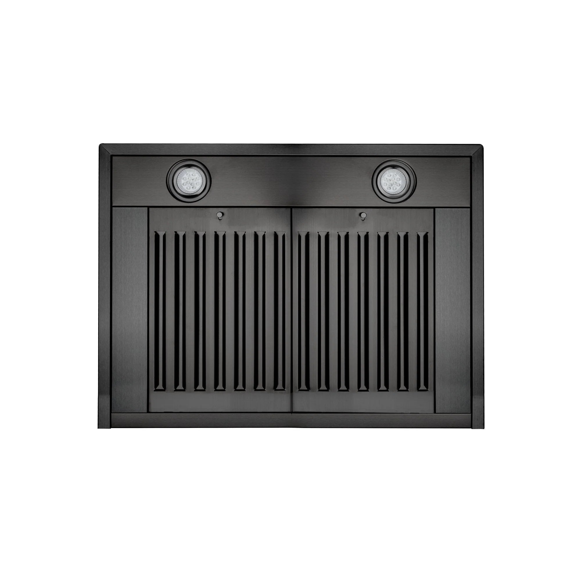 Black baffle filter panel with two round LED lights on range hood