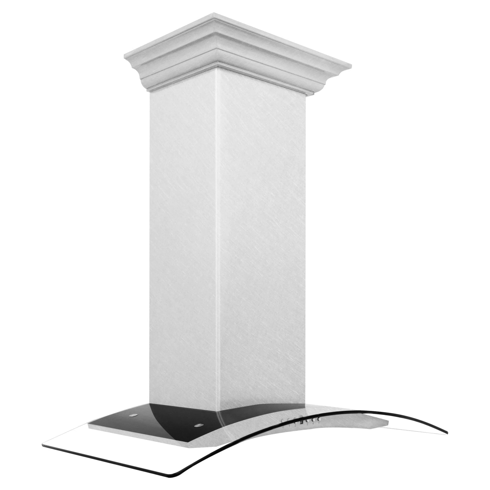 Wall-mounted range hood with satin stainless body and black curved glass canopy