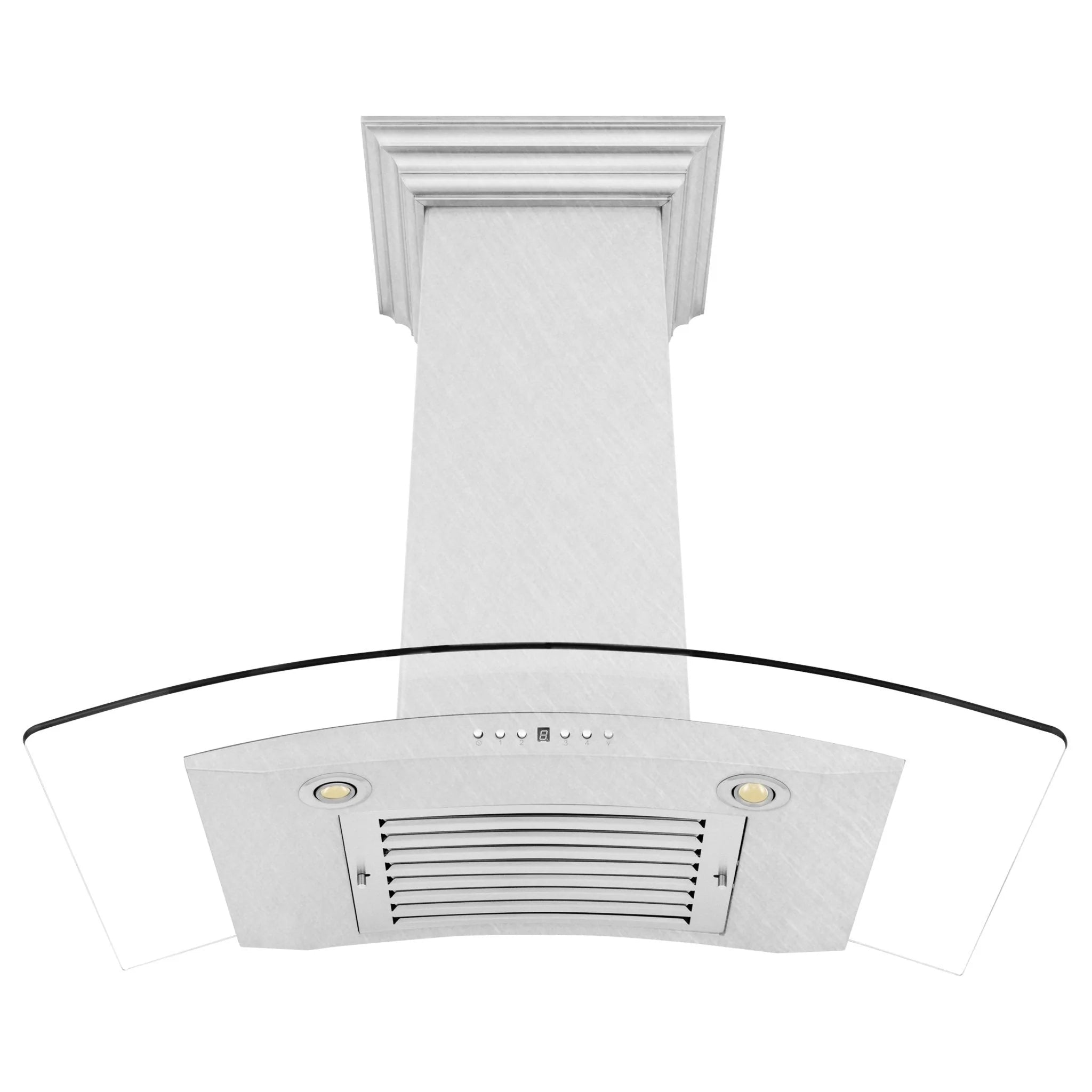 Wall-mounted range hood front panel with stainless baffle filters and vent opening