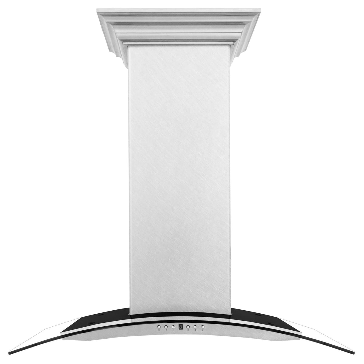 Wall-mounted range hood with satin stainless chimney and curved black glass canopy