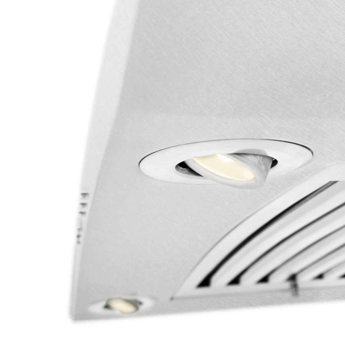 Satin stainless range hood spotlight with circular lens detail and curved glass edge