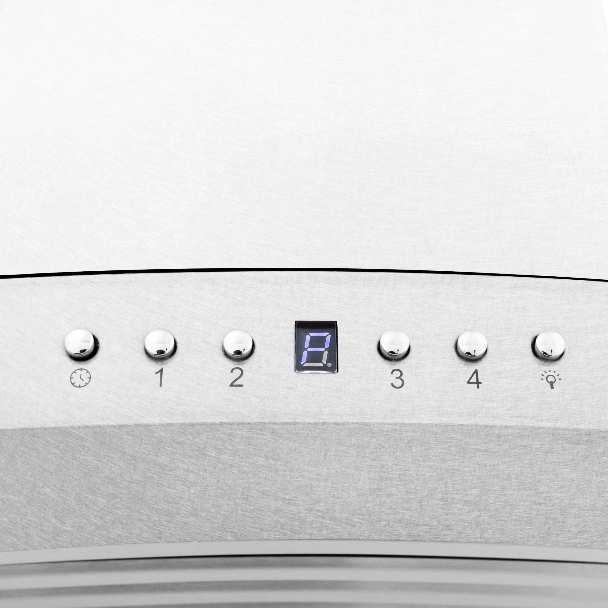 Stainless range hood control panel with buttons and digital display