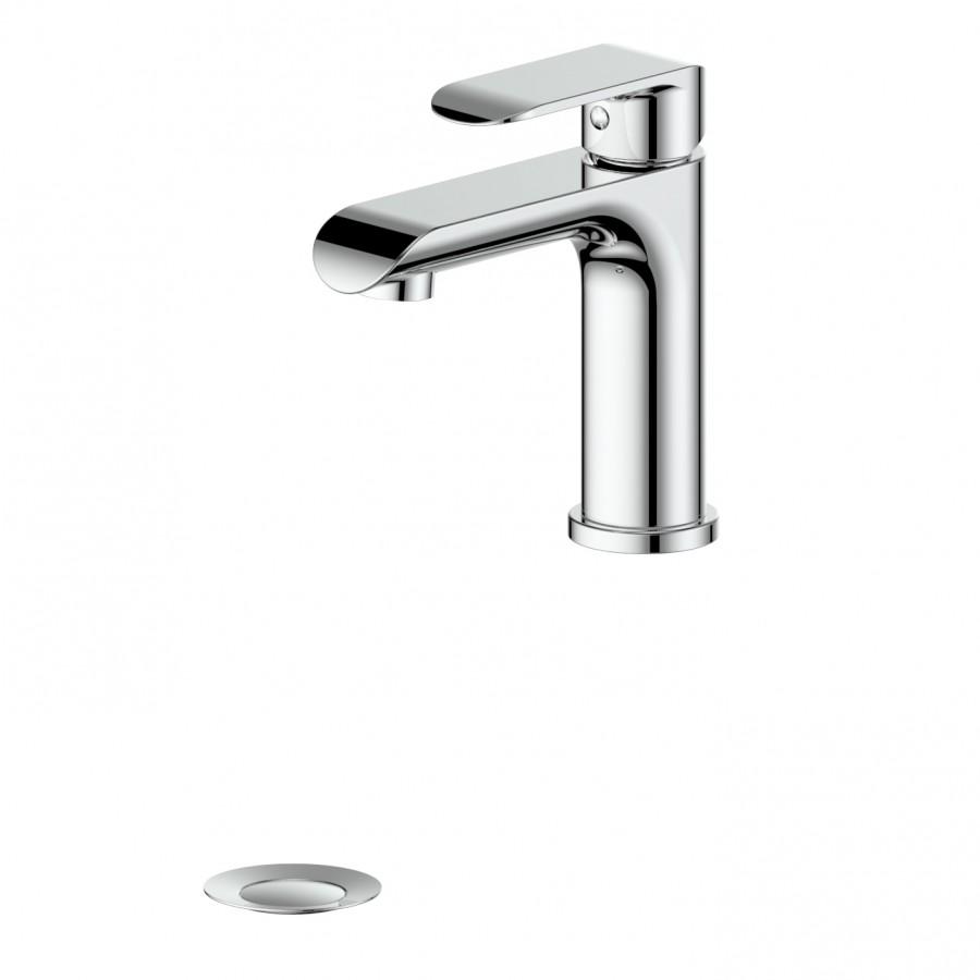 Chrome single-handle bath faucet with angled spout and round aerator plate