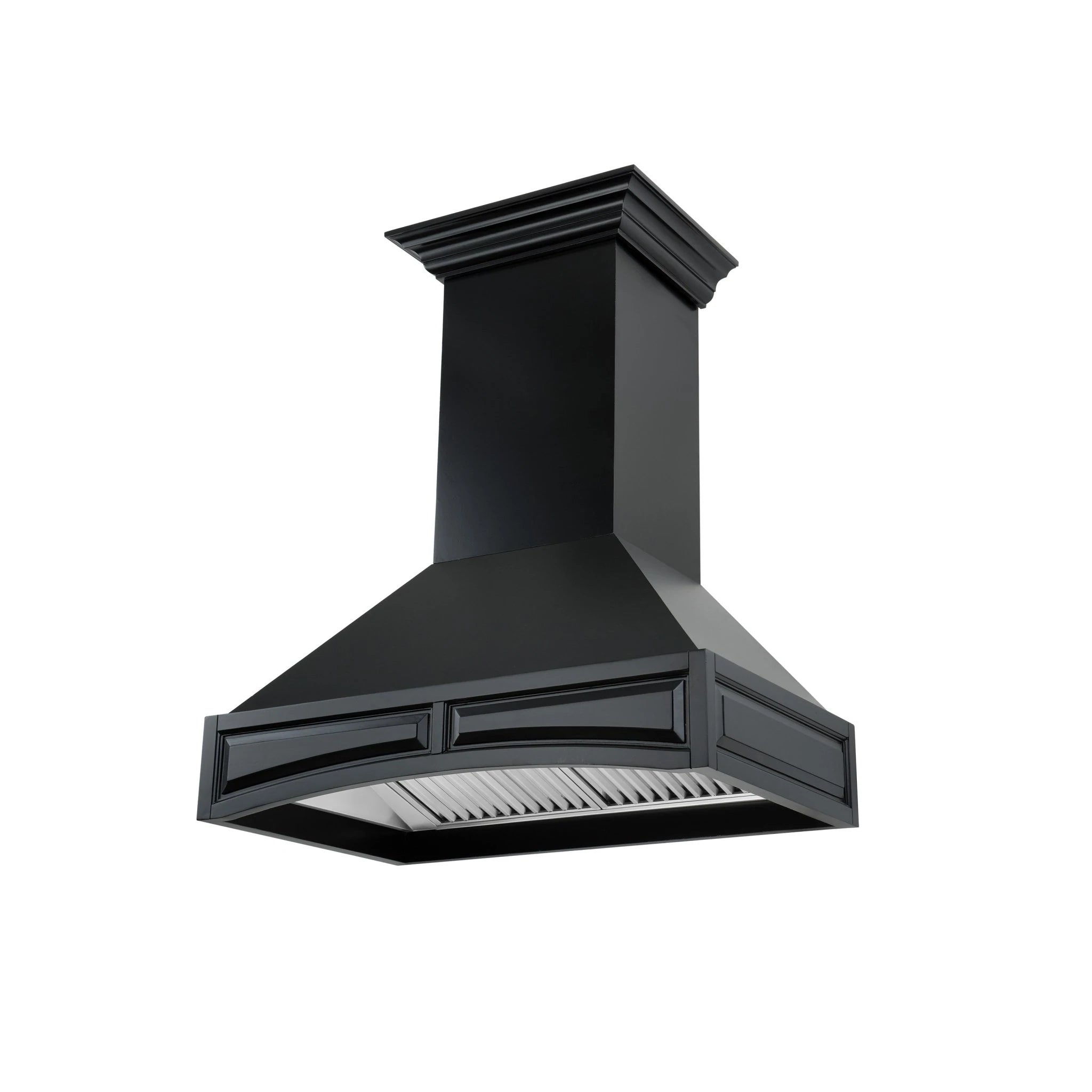 Black wall-mounted range hood with chimney stack and front vent grille, angled studio view