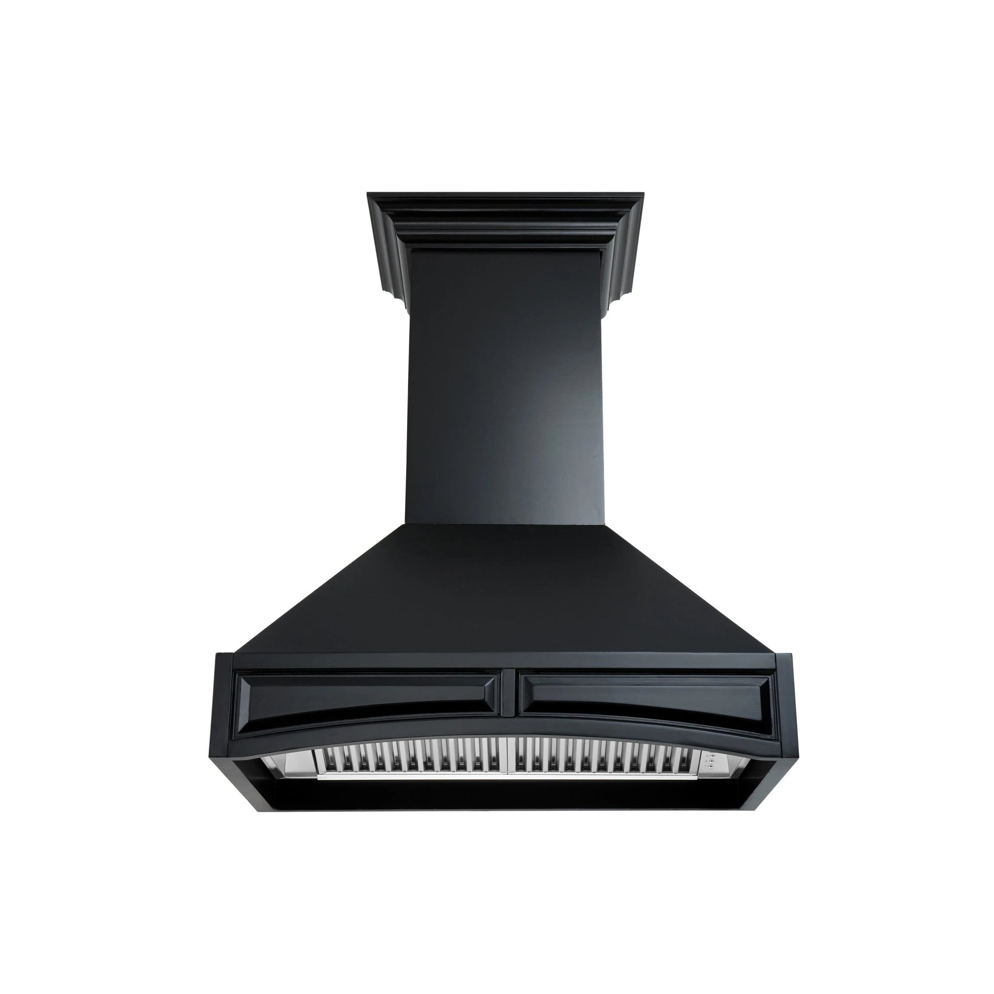 Black chimney-style wall range hood with front vent slots and decorative panel trim