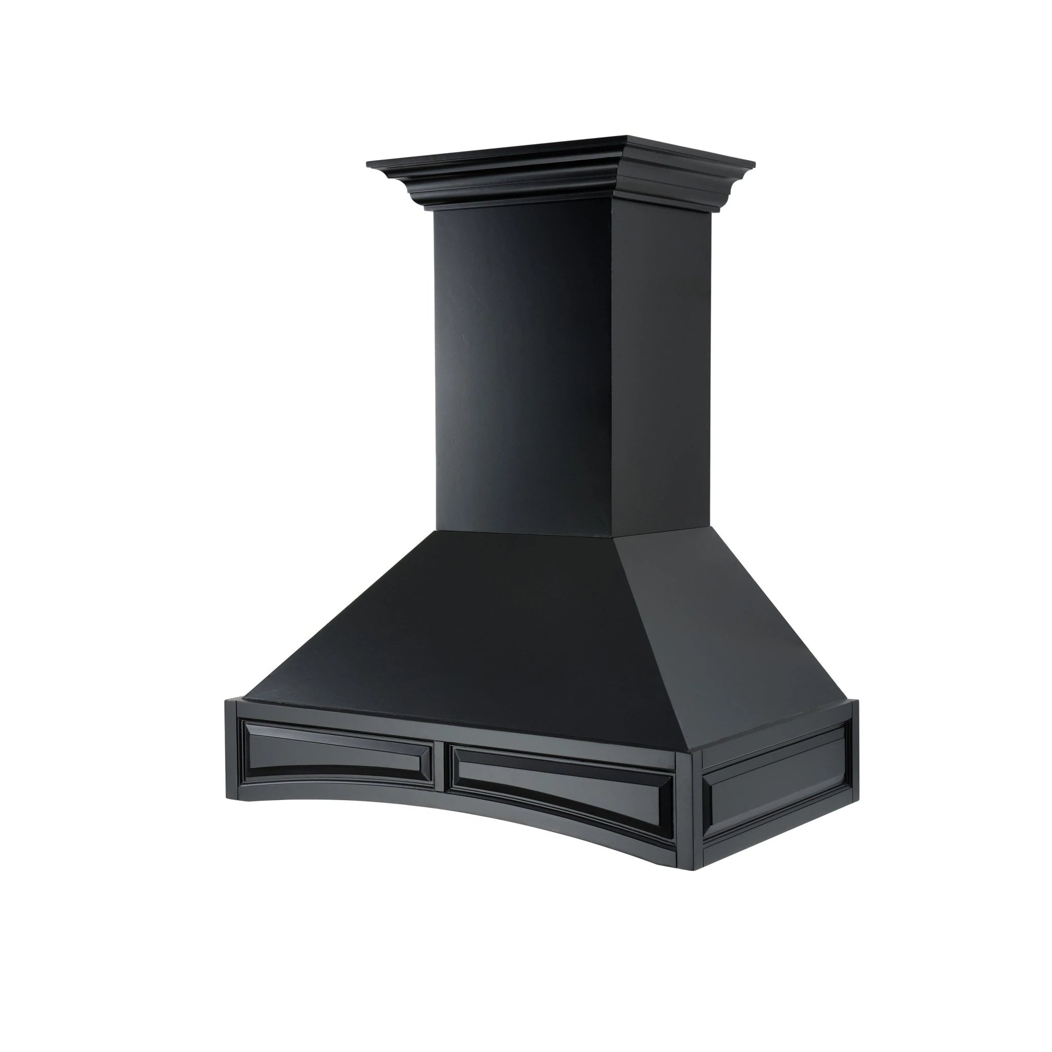 Black wall range hood with crown trim and decorative front vent panels
