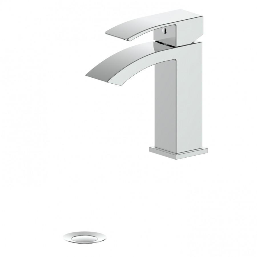 Chrome single-hole bathroom faucet with curved spout and lever handle