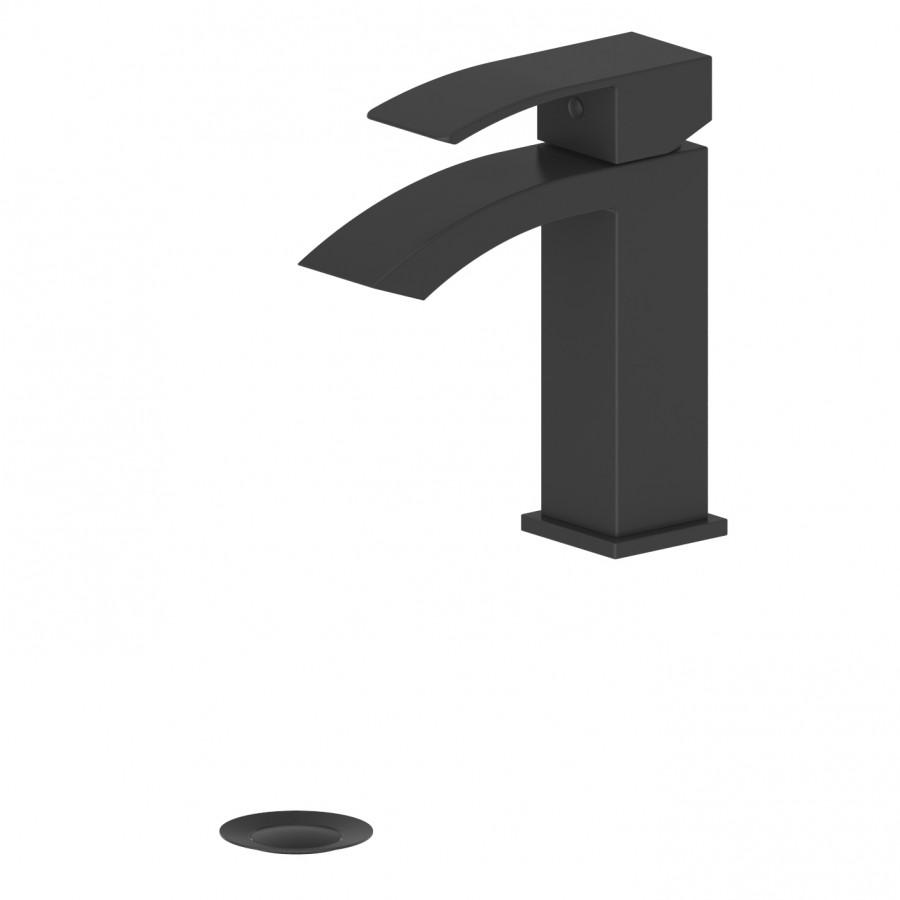Matte black single-hole bath faucet with tall curved spout and two-piece base.